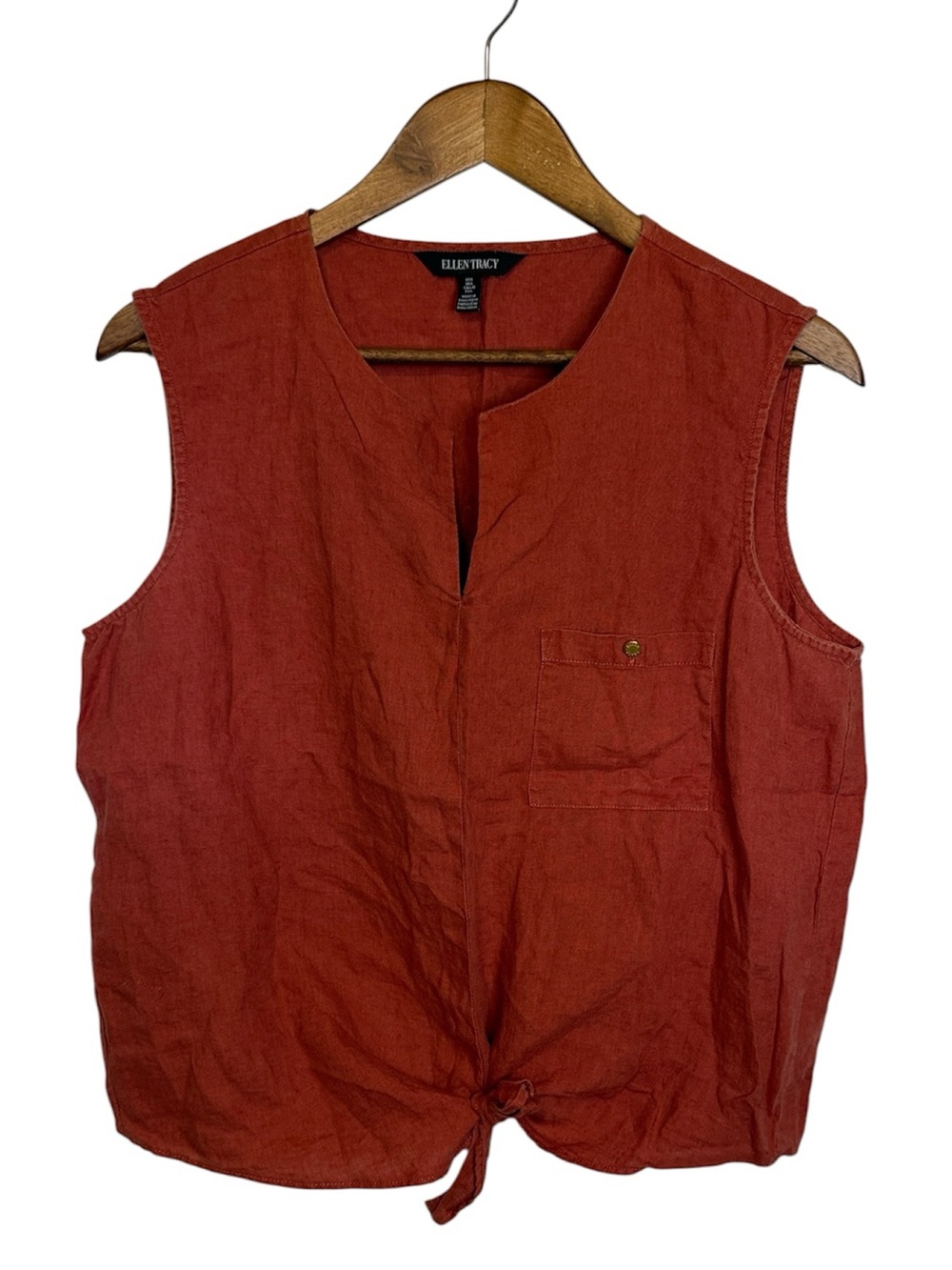 Ellen Tracy 100% Linen Tie Button Pocket Lagenlook Sleeveless L Coral Orange